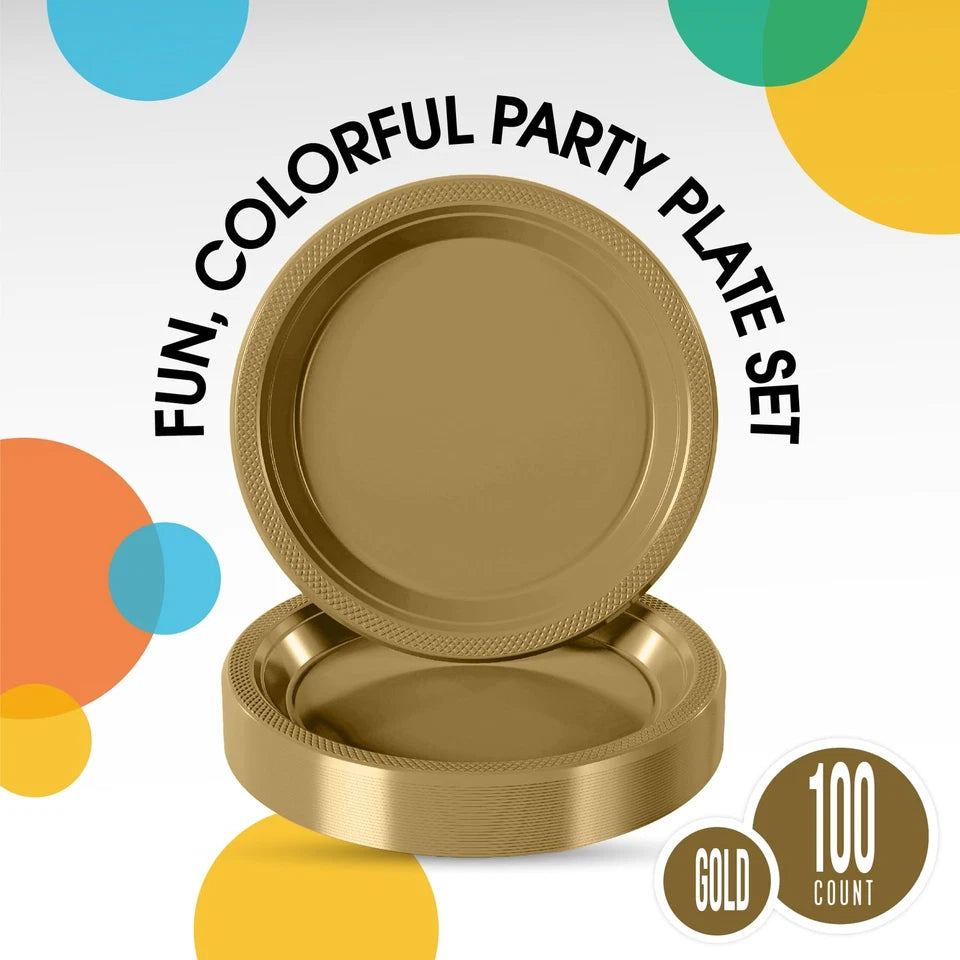 100 Pack 10 Inch Gold Disposable Dinner Plates Heavy Duty Plastic Tableware