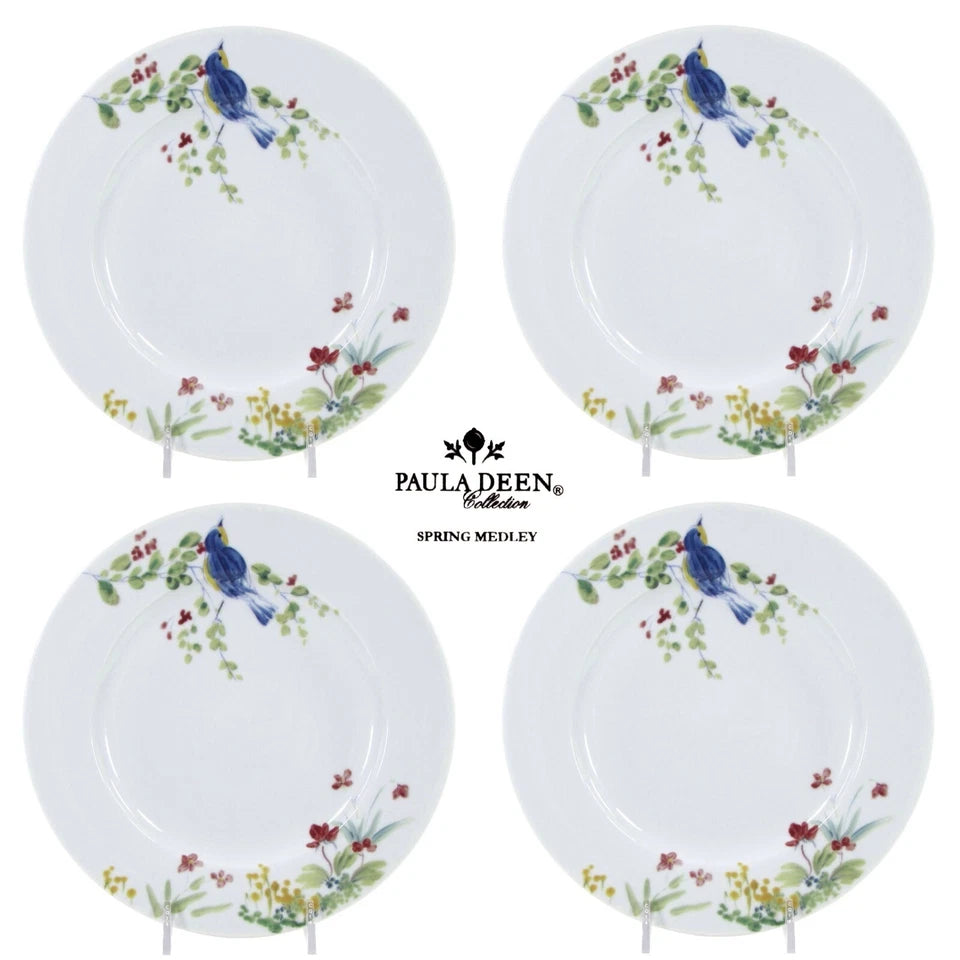 Paula Deen SPRING MEDLEY 8" Salad Plate Set 4Pc Blue Bird Flowers Floral