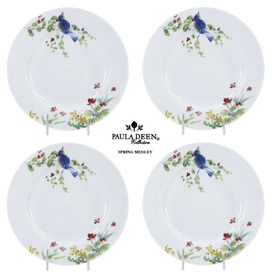 Paula Deen SPRING MEDLEY 8" Salad Plate Set 4Pc Blue Bird Flowers Floral