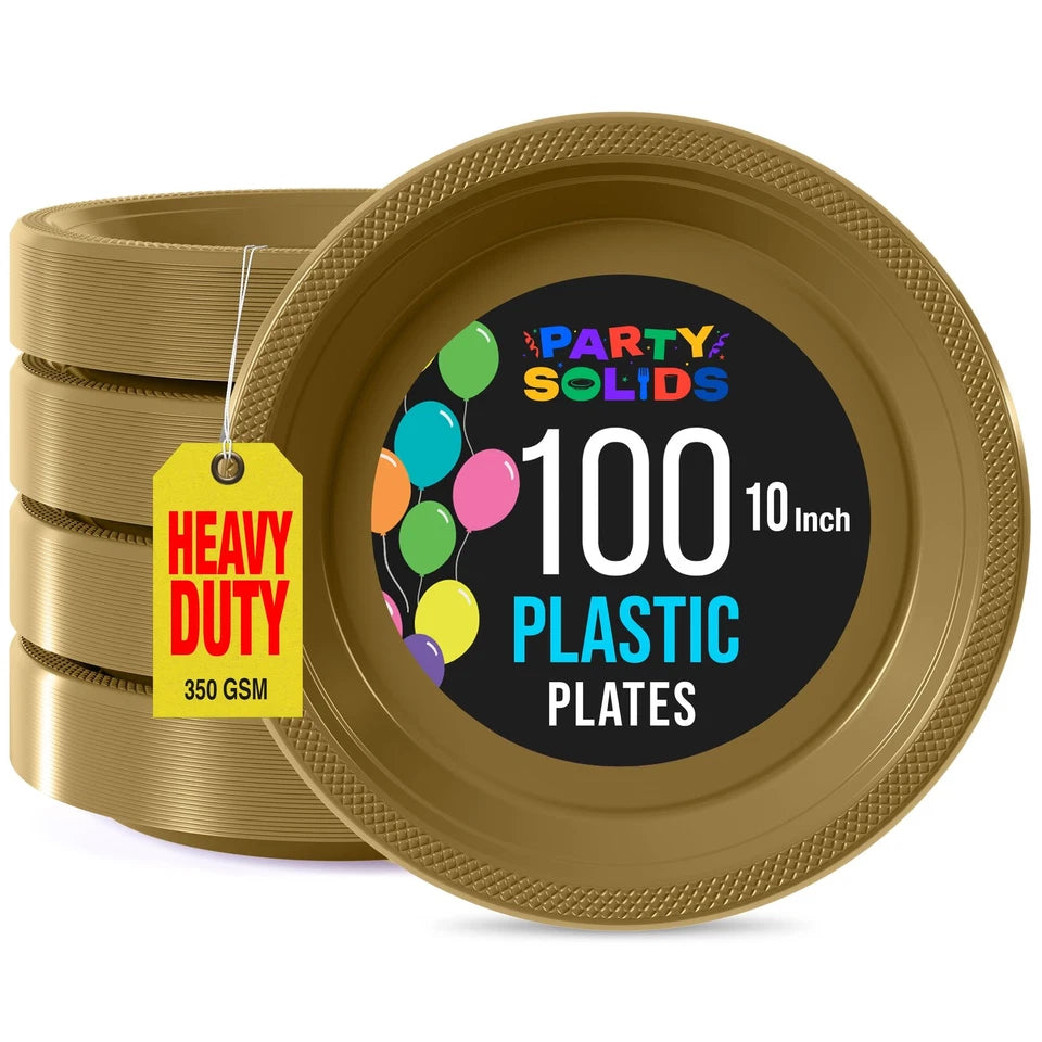 100 Pack 10 Inch Gold Disposable Dinner Plates Heavy Duty Plastic Tableware